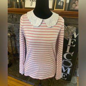 Boden Pink Striped Top with Eyelet Peter Pan Collar